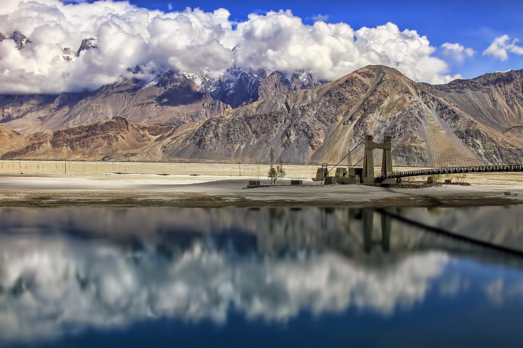 view of bridge over shyok river, khaplu