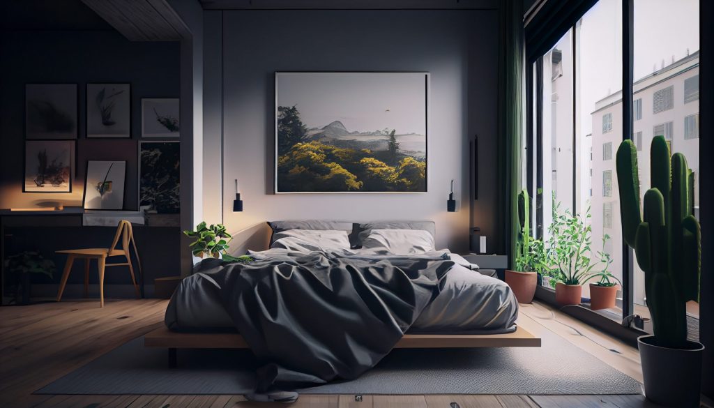 modern apartment bedroom comfortable bed near window generative ai scaled